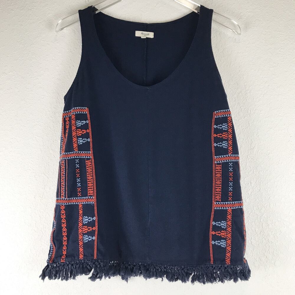 Madewell Embroidered Fringe Hem Boho Western Cotton Tank Top Navy Blue Size S